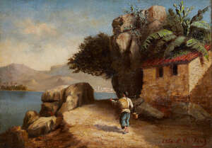 
	
		Franco/Chinese School, 
		mid-19th century- 
		 
		Figure on a coastal path with a...