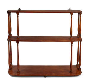 
	
		A set of George III small satinwood three-tier hanging shelves, baluster spindles holding...