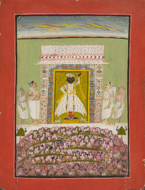 
	
		The worship of Sri Nathji, Raghogarh, Rajasthan, North India, circa 1800, opaque pigments...