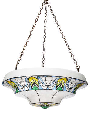 
	
		A painted glass ceiling shade
		20th Century
		Mottled white, cased in clear glass,...
