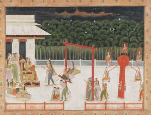 
	
		A large painting of a princess and her courtesans playing outdoors at night, Rajasthan,...