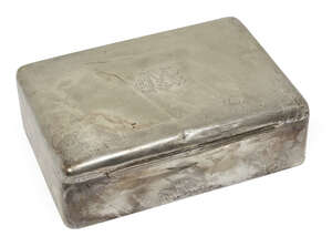 
	
		A large Hungarian silver cigarette box, the wood lined interior separated into four...