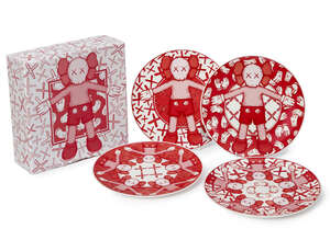 
	
		KAWS,
		American b.1974-
		 
		Plates, 2019;
		 
		set of four ceramic plates in red,...