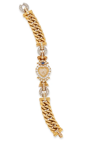Swiss. An 18ct white and yellow gold sapphire and diamond set bracelet watch&nbsp;Case back numbered...
