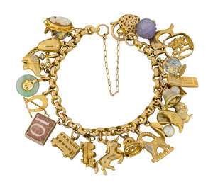 A charm bracelet, the early 19th century gold bracelet of belcher-link design suspending various 20th century charms including: a 9ct gold bus; a 9ct gold Amer