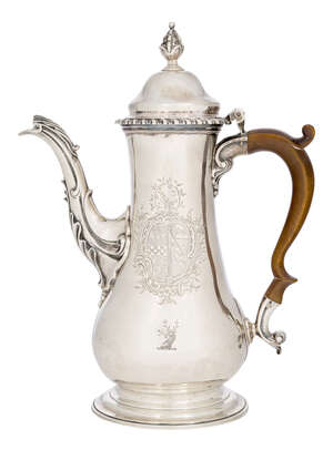 
	
		A George III silver coffee pot, London, c.1764, Benjamin Bickerton, of baluster form with...