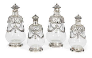 
	
		A set of four French silver mounted glass vanity bottles, A. Aucoc, Paris, 1887-1911, 