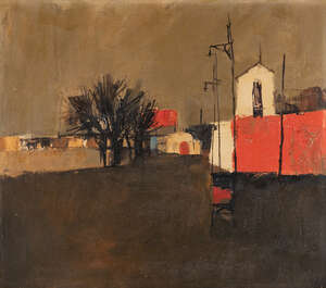Nicola Simbari, 
		Italian 1927-2012 - 
		 
		Porta Portese, 1957; 
		 
		oil on canvas, signed and dated lower right 'Simbari 57', bears inscri