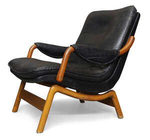
	
		Designer Unknown, 
		 
		Lounge chair, circa 1970, 
		Black leather, beech, 
		Danish...