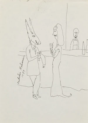 Ardeshir Mohasses (Iranian 1938-2008),
 Untitled, Donkey head man and woman at the bar;
Ink on...