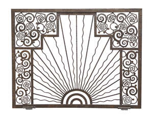 
	
		A French Art Deco wrought-iron radiator grill
		c.1925
		Openwork, with central...