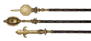 
	
		A set of three Chinese ceremonial temple staffs, 19th century, each with simulated bamboo...