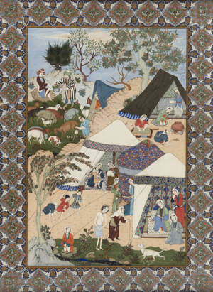 
	
		A set of nine Safavid-style paintings illustrating the poems of Nizami by Hajj Musavvir...