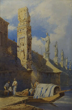 
	
		After Samuel Prout OWS, British 1783-1852- The Charles Bridge at Prague; 
		watercolour,...