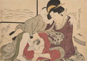 
	
		Kitagawa Utamaro, Japanese 1753-1806, couple with a shamisen, shunga woodblock print in...