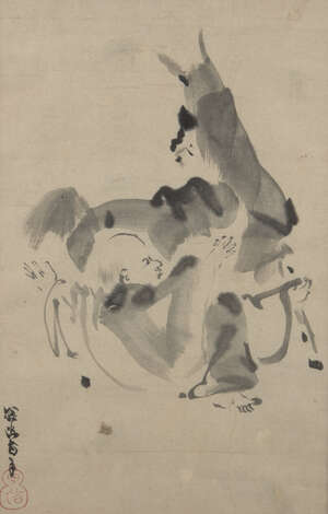 
	
		A Japanese ink drawing, late 19th century, depicting a man with llama, signed and sealed 