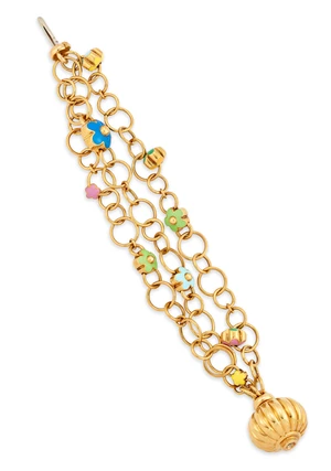 An enamel floral multi-row bracelet, composed of three rows of links of varying size, with...
