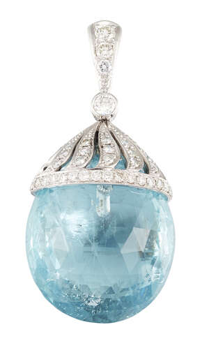 
	
		An aquamarine and diamond pendant, the briolette-cut aquamarine drop with brilliant-cut...