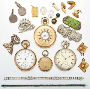 
	
		Three pocket watches and a group of paste jewellery and oddments, watches comprise: a...