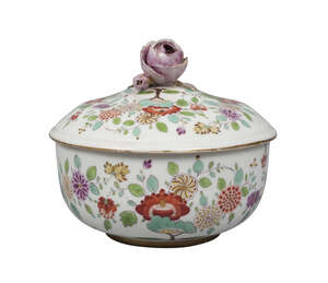 
	
		A Meissen bowl and cover, late 19th Century, the cover with a rose finial, painted in the...