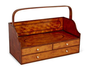 
	
		A George III portable inlaid satinwood bookstand, three-quarter gallery with overhead...