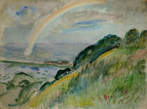 Leon Underwood,
		British 1890-1975-
		 
		Rainbow over a valley landscape (recto), study of a seated woman (verso);
		 
		watercolour recto & ink drawi