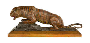 
	
		A painted plaster model of a tiger, India, early 20th century, on a rectangular oak base,...