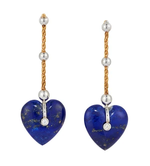 A pair of lapis lazuli and diamond drop earings, each designed as a carved lapis lazuli heart...