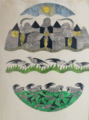 
	
		Scottie Wilson, 
		Scottish 1888-1972- 
		 
		Birds; 
		 
		watercolour and gouache...