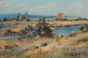 
	
		Continental School, late 20th century- Two figures by a lake in a coastal landscape; oil...