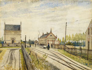 
	
		Belgian School, 
		late 19th century- 
		 
		View of a railway station in Belgium,...