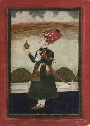 
	
		Portrait of a nobleman holding a pandan box, Rajasthan, early 19th century, gouache on...