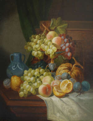 
	
		Charles Thomas Bale, 
		British 1849-1925- 
		 
		Still life with grapes, peaches, an...