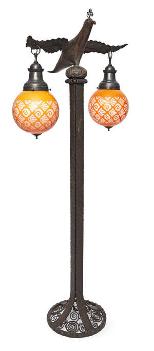 
	
		An French wrought-iron 'Bird' floor lamp with cameo glass shades, 2nd quarter 20th...