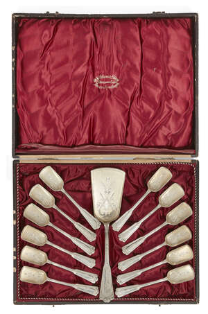 
	
		A cased set of German 750 silver cake eaters, Bremen-Hemelingen, Wilkens & Söhne,...