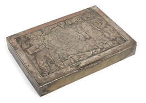 
	
		A Hungarian cigar box with wood-lined interior, the lid depicting scene of male and...