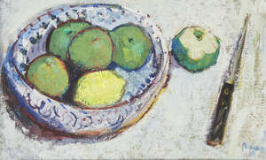 
	
		Adrian Ryan,
		British 1920-1998-
		 
		Still life of lemons and apples;
		 
		oil...