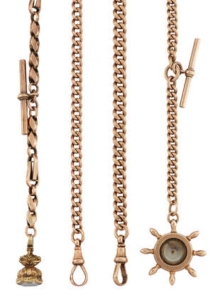 Four late 19th/early 20th century 9ct gold watch chains, three of curb link and one of fancy link design, one with compass motif designed as a ship's wheel