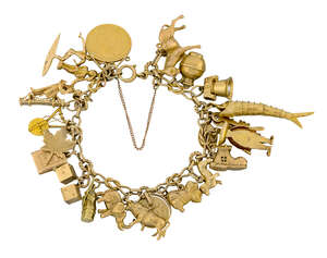 A gold charm bracelet, the 9ct gold bracelet suspending various mid 20th century gold charms, including: an articulated fish; a windmill; a pendant mounted hal