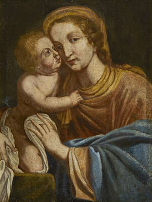 Roman School, 
		17th Century- 
		Madonna and Child; 
		oil on canvas; 74.6 x 57.2 cm. 
		Provenance: Private Collection, UK. 
		 
		 