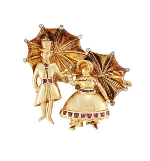 
	
		A 1950s, diamond and ruby novelty brooch, modelled as an early 20th century courting...