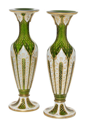 
	
		A pair of Bohemian facetted green and opaline glass vases, probably made for the Turkish...