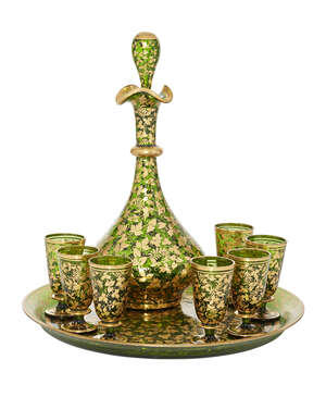 
	
		A Bohemian green and gilt glass decanter set, early 20th century, overall decorated with...