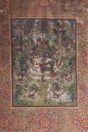 
	
		A Tibetan thangka, 17th/18th century, depicting Vaishravana surrounded by eight...