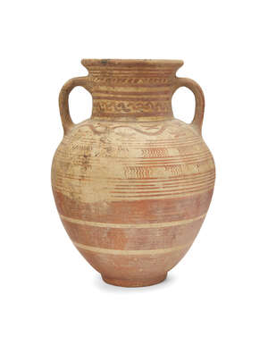 An Etruscan pottery amphora, Italo-Geometric, circa 7th-6th Century B.C., with geometric decoration in red including encircling bands, a horizontal wavy band i