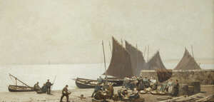 
	
		Alexander Young, 
		Scottish 1865-1923- 
		 
		Boats in harbour, possible Fife;...