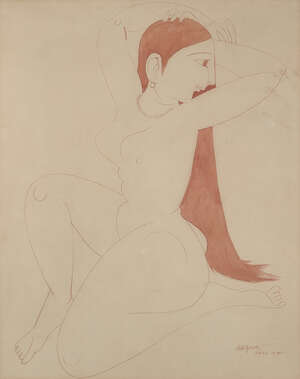 
	
		Laxma Goud (Indian b.1940), Untitled, seated female figure, pen and red/brown ink on...
