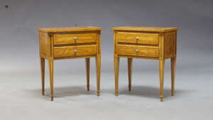 
	
		A pair of Louis XVI style kingwood and parquetry bed side tables, second half 20th...