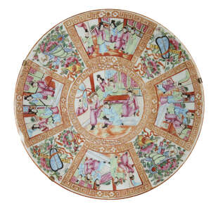 
	
		A Chinese Canton export porcelain dish, 19th century, painted in famille rose enamels...