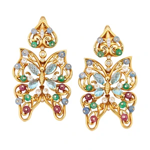 A pair of gem set drop earclips, the drops designed as wirework butterflies, set with briolette...
